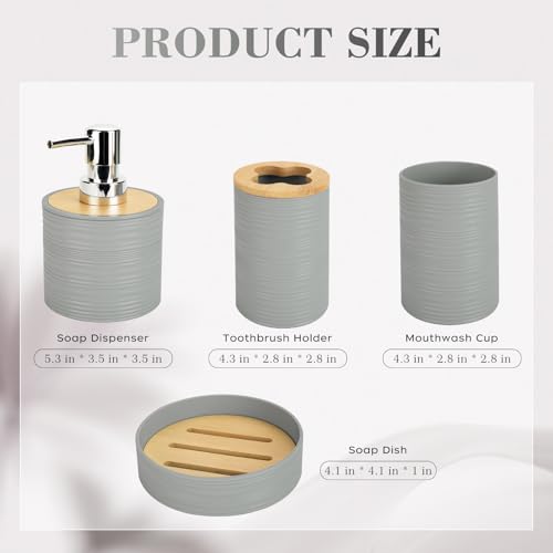 4 PCS Grey Bathroom Accessories Set, Includes a Soap Dispenser, Toothbrush Holder, Soap Dish and Mouthwash Cup, Plastics & Bamboo Bathroom Set, Bohemian Style Bathroom Sink Set - color: Grey, size: 4 PCS