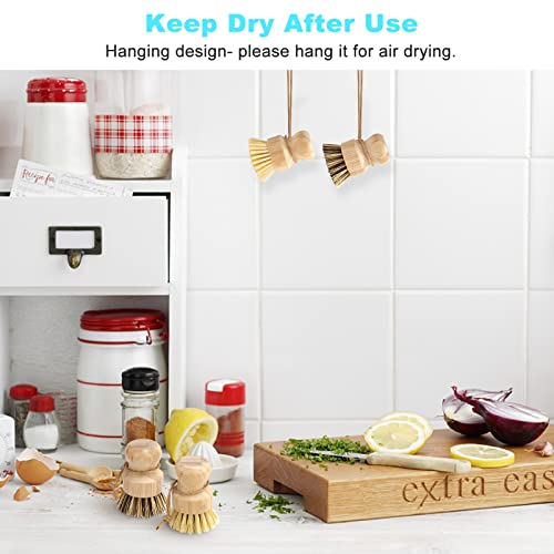 Bamboo Dish Brush Set, 4 Pcs Palm Wooden Dish Scrubber Brush, Dish Brushes, Durable Wood Dishes Scrub Brush, Natural Round Vegetable Cleaning Pots Pans Sink Washing Kitchen Brush by Aisuly - size: 2p Palm+2p Sisal
