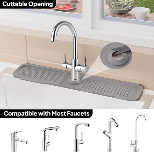 24 Inch Silicone Faucet Mat for Kitchen Sink Splash Guard & Draining Tray Sink Protector with Soap & Sponge Holder Grey (Purest Peak)