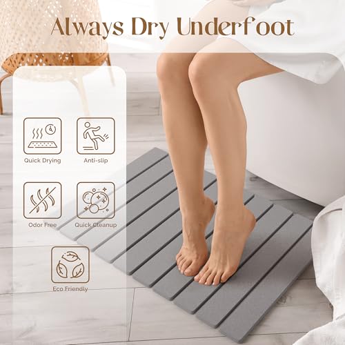Stone Bath Mat for Bathroom – Roll-Up & Foldable | 23.62" x 15.75" | Quick Drying & Super Absorbent | Long Diatomite Stone Drying Mat for Kitchen| Non-Slip | Durable | Gray - color: Grey