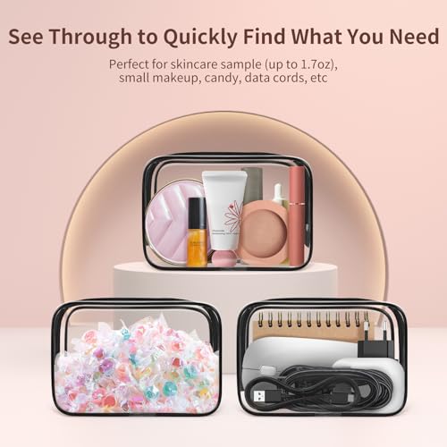 TISRATOK 12 PCS Clear Makeup Bag for Women with Zipper, TSA Approved Toiletry Pouch, Cosmetic Bag Bulk for Travel Organizer Essentials - Black,Small - color: Black, size: Small