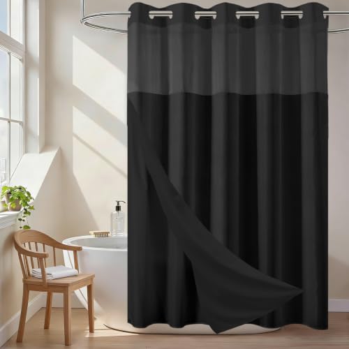 No Hook Shower Curtain and Liner Set for Bathroom, Black, 71" x 74" | with Snap in Liner Replacement, Mesh Top Window, Quick-Drying, Waterproof, Machine Washable, 3 in 1, Ringless, Anti-Wrinkle - color: Black, size: 71"W x 74"L (Pack of 1)