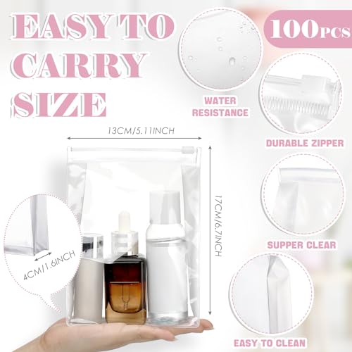 Xuniea 100 Pcs Mini Clear Makeup Bag PVC Small Travel Toiletry Organizer Pouches Bulk Waterproof Transparent Plastic Cosmetic Bag with Zipper for Women Men Travel(5.1'') - size: 5.1''