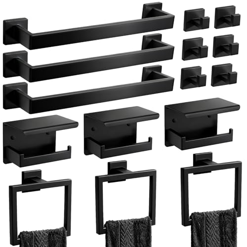 Matte Black Bathroom Hardware Accessories Set, Stainless Steel Towel Racks for Bathroom, 16 Inch Towel Bar, Towel Holders, Updated Toilet Paper Holder with Shelf Wall Mounted(15-Pieces) - color: Black, size: 15 Pieces