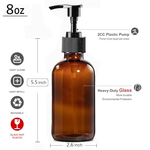 4 Pack 8 oz Amber Glass Pump Bottles, Boston Round Bottles with Pumps for Lotion, Soap, Massage Oils, Refillable Containers with Caps - size: 8 oz Amber 4Pack