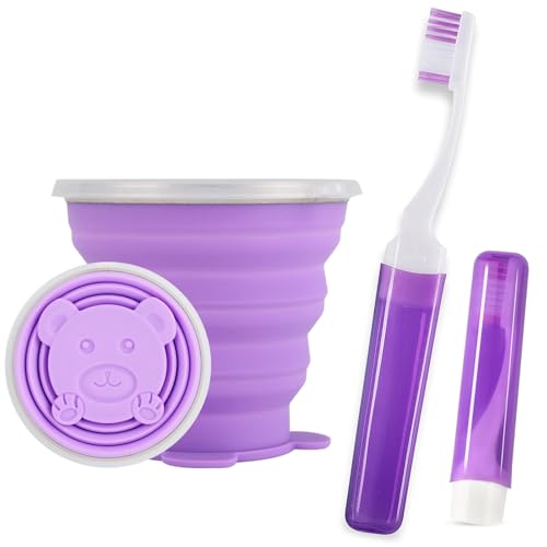 Toothbrush Travel Case, Travel Toothbrush Silicone Collapsible Toothbrush Cup, Travel Toothbrush Set Suitable for Business Camping Travel or Daily Use (Purple) - color: Purple
