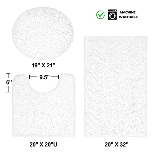 TREETONE Chenille Bath Mat 3 Piece Bathroom Rugs Set, 20x20 Inchs U-Shape Contoured Toilet Mat & 20x32 Inchs Rug & Lid Cover, Soft, Water Absorbent Plush Rugs for Tub Shower & Bath Room -White - color: White, size: Set of 3-Medium 20" x 30"/Contour/Lid Co