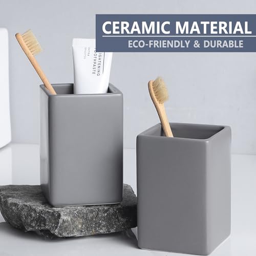 Grey Square Toothbrush Holders for Bathrooms - 2 Cups Ceramic Toothbrush Toothpaste Holders Set, White Square Bathroom Tumbler Cups Reusable Toothbrush Mouthwash Cup, Bathroom Counter Organizer. - color: Grey, size: 2pcs