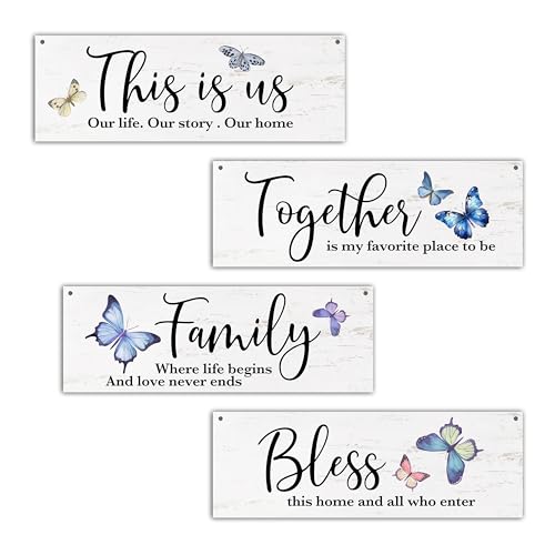 4 Pcs Family Wall Decor Wooden Sign, Blue Butterfly Bedroom Decor, The Is Us Wooden Hanging Sign, Inspirational Wall Art For Home Farmhouse Kitchen Living Room Bathroom Decorations, A33 - color: Butterfly Family