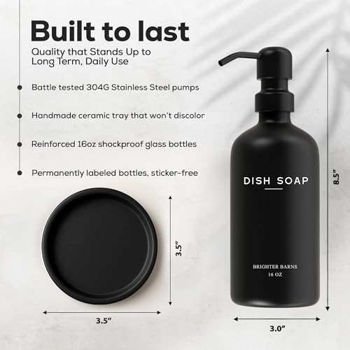 Black Glass Dish Soap Dispenser for Kitchen Sink by Brighter Barns - Modern Kitchen Soap Dispenser Set with Tray and Stainless Steel Pump - Modern Decor for Vacation Rental, Restaurants, Gifts (Black) - color: Black D