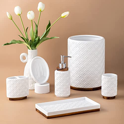 RQYIXI Elegant 6 PCS Ceramic&Wood Bathroom Accessories Set:Soap Dispenser,Toothbrush Holder,Tumbler,Soap Dish,Tray,Trash Can,Easy to Clean,Quatrefoil Pattern,White-Affordable Home Luxury - color: A-white Trash Can