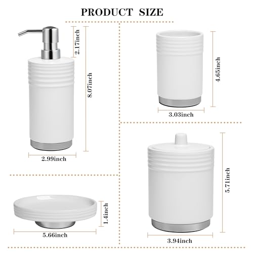 RQYIXI Bathroom Accessories Set 4 Pieces Ceramic Bathroom Accessory with Metal Base Set Contain Soap Dispenser Cotton Swab Jar Toothbrush Cup Soap Dish - color: White Metal Base