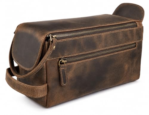 Full Grain Leather Toiletry Bag for Men & Women – Water-Resistant Travel Shaving Kit Organizer with YKK Zipper, Spacious Bathroom Grooming & Cosmetic Storage Case - Walnut Brown - color: Distressed Brown