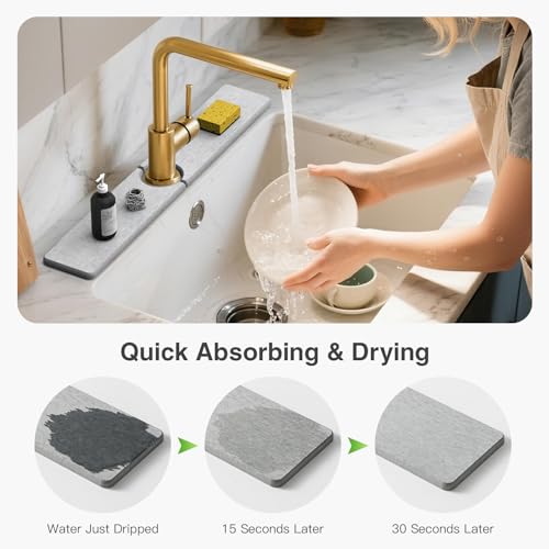23.6" x 4" Stone Faucet Mat for Kitchen Sink, Quick Drying Diatomite Sink Tray, Faucet Sink Splash Guard for Prevents Moisture Buildup (Light Gray) - color: Light Gray, size: 23.6" x 4"