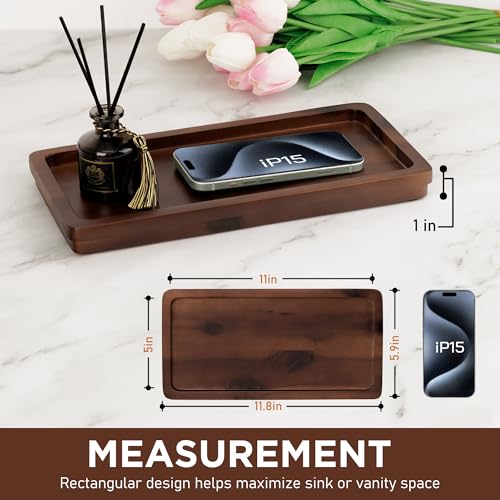 Demigo Bathroom Vanity Tray, Dark Brown Acacia Wood Tray, 11.8 x 5.9 in | Wooden Countertop Organizer for Cosmetics Jewelry Candle & Keys, Decorative Tray for Toilet Tank, Kitchen & Sink Decor - color: Dark Brown
