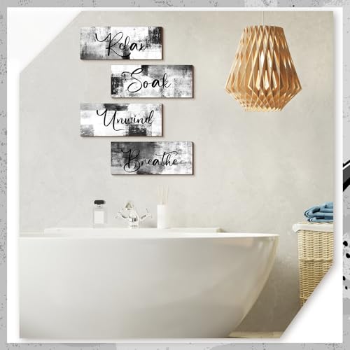 Maitys 4 Pcs Bathroom Wall Decor 10 x 4 Inch Bathroom Wall Art Contemporary Wood Restroom Pictures for Soak Unwind Relax Hanging Sign Spa Rustic Vintage Farmhouse Pediments(Black and White) - color: Black and White