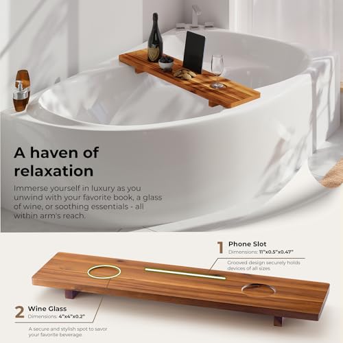 Tinamo Acacia Bathtub Caddy Tray Table | 35x9 Inch Large Bath Tub Wooden | Anti-Tipping, Sustainable Tub Tray for Bath tub | Bath-tub Accessories Holders for Bath-tub (Acacia, 35" x 9" x 2.5") | Acacia Wood, 35" x 9" x 2.5", Custom Legs, Phone/Tablet & Dr