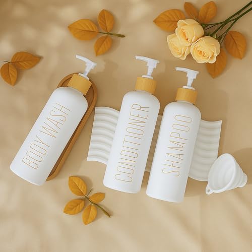 3-Pack 16oz Refillable Glass Shower Dispenser Set with Bamboo Pump, Tray, and Funnel for Shampoo, Conditioner, and Body Wash – Perfect for Bathroom and Guest Rooms (White)