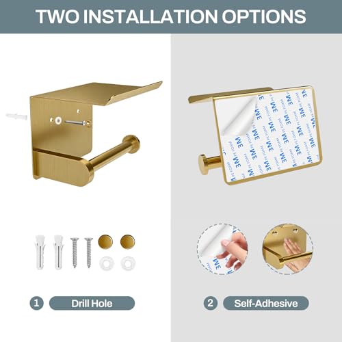 SetSail Toilet Paper Holder with Shelf Adhesive or Screw-in Bathroom Toilet Paper Roll Holders Wall Mount Gold Tissue Holder for Bathroom Hardware Accessories - color: Brushed Gold, size: 1 Packs