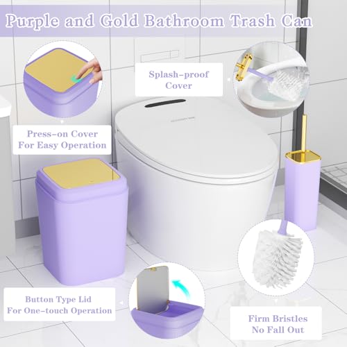 XLHOMO Bathroom Accessories Set - Luxury Purple Bathroom Set, 9 Pieces Bathroom Accessory Set, Purple Bathroom Accessories with Trash Can, Toilet Brush & Soap Dispenser - color: Purple & Gold, size: Bathroom Set