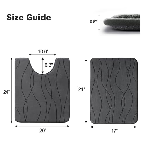 YIHOUSE Bathroom Rugs Set 2 Piece, Memory Foam Bath Mat Dark Grey | U Shaped+Small Mat, Ultra Soft, Absorbent, Non-Slip, Machine Washable, for Bathroom, Sink and Toilet - color: Dark Grey, size: 2' x 1'5" (Rectangular)
