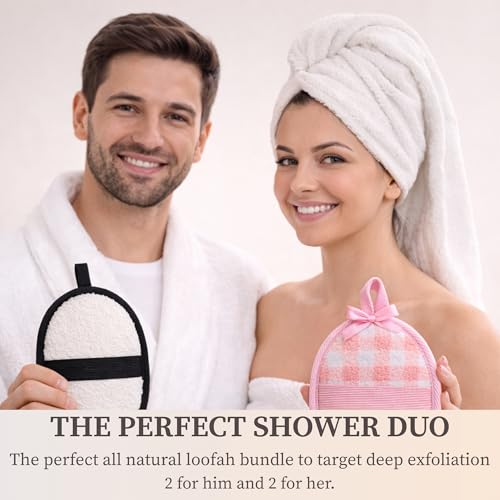 SERRENTO Couples Loofah Body Scrubber Set, Natural Shower Sponge, 4 Count - color: Black and White