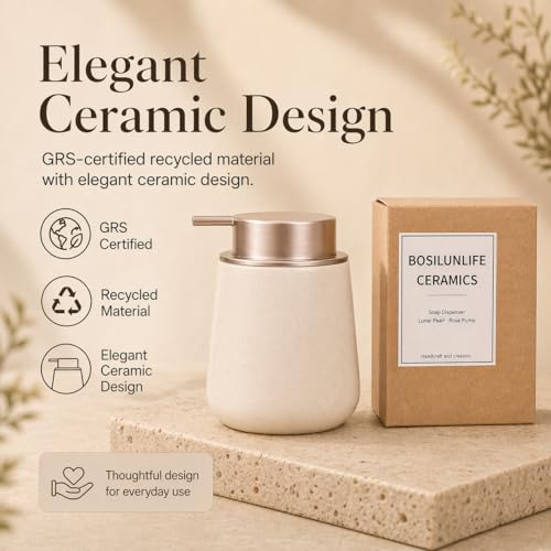 Bosilunlife Hand Soap Dispenser - 12oz Ceramic Soap Dispenser Bathroom Refillable Liquid Soap Pump Dispenser for Bathroom Kitchen Dispenser for Dish Soap with Easy-to-Press Pump - color: Apricot