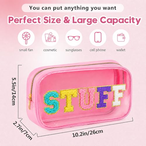 STUFF Cosmetic Makeup Bag with Sewn on Chenille Letters for Women - PVC Clear Waterproof Sunscreen Organizer for Beach, Swim & Travel, Toiletry SPF Pouch - style: Pink Stuff