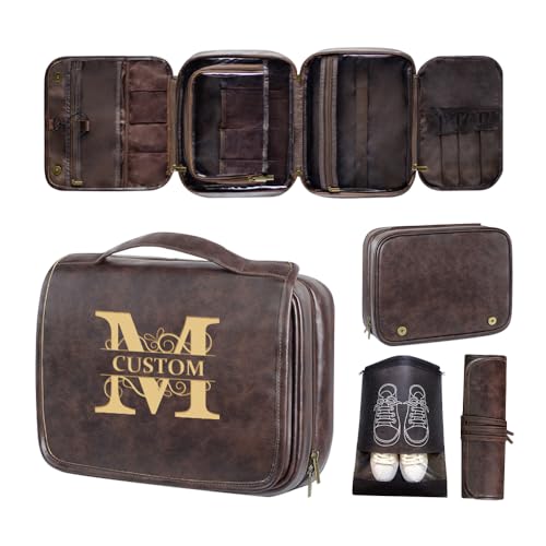personalized 3-in-1 PU Leather Toiletry Bag For Men custom engraved Large hanging travel toiletry bag - personalized gifts for dad, brother, grandpa, husban (Dark-Brown) - color: Dark-Brown