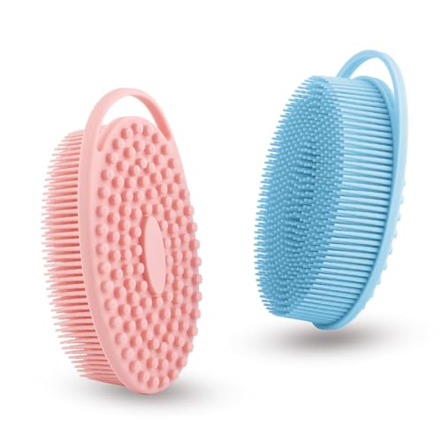 2 Pack Silicone Body Scrubber with Loofah Exfoliating Soft Body Shower Scrubber for Body, 2 in 1 Bath and Shampoo Wash Brush for Skin Exfoliation Men Women (Blue&Pink) - size: Blue&Pink
