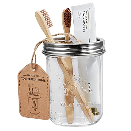 Amolliar Mason Jar Bathroom Accessories Set(4 Pack) - Foaming Soap Dispenser&Qtip Holder &Toothbrush Holder-Rustic Farmhouse Decor Bathroom Organizer Apothecary Jar Country Countertop (Brushed Nickel) - size: Brushed Nickel, style: Wide-mouth