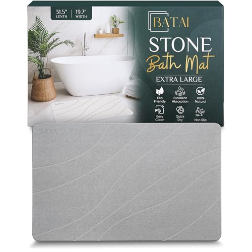 Extra Large Stone Bath Mat - (31.5” x 19.7”) - Absorbent Diatomaceous Earth Stone Bath Mat Large - Non-Slip Diatomite Bathmat - Easy Clean and Quick Drying - Long Instant Dry Bathmat - Light Gray XL - color: Light Gray