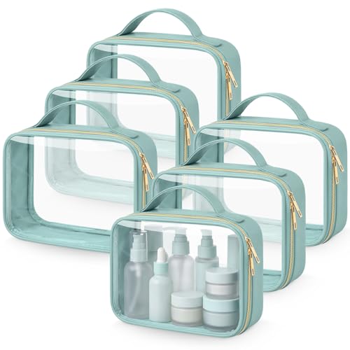 Abbylike 6 Pcs Clear Makeup Bags Bulk 7.9 x 5.9 x 2.4 Inches Quart Size Approved PU Leather Toiletry Bag with Handles Small PVC Clear Travel Cosmetic Case for Women Wedding Bridal Gifts(Lake Bule) - color: Lake Bule