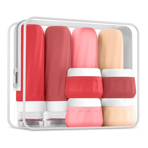 Mrsdry Travel Size Toiletries 8 Pack, TSA Approved 3oz/1oz Silicone Refillable Containers with Clear Travel Bag - color: Cherry Red, size: 3oz bottle 1oz jar