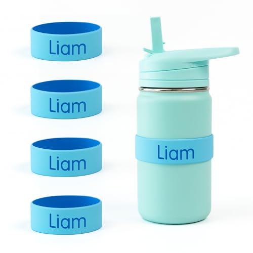 Mabel’s Labels Personalized Two-Tone Engraved Silicone Name Bands – Reusable Dishwasher-Safe Name Bands for Water Bottles, Sippy Cups & Drinkware (Blue & Light Blue, 4 Pack) - color: Blue, size: 4 Count (Pack of 1)