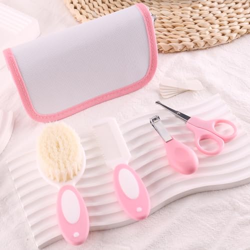 Baby Grooming Kit with Storage Pouch Baby Brush Soft Bristles 5 pcs-Infant Brush, Rounded Comb, Safety Scissors, Nail Clippers & Emery Board -Health Care Kit for Newborns & Toddlers Pink - color: 5pcs Pink 2