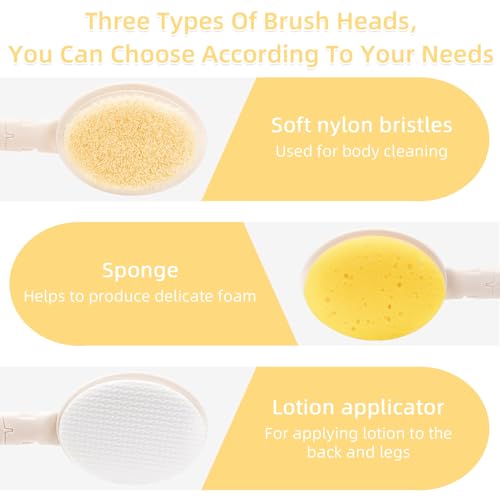 LFJ 19" Long Handle Shower Sponge Brush Set, 3 in 1 Body Brush, Bath Sponge and Lotion Applicator Improved Skin Health, Suitable for Men and Women (White Brush-1P) - size: 1P