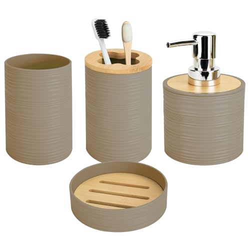 4 PCS Beige Bathroom Accessories Set, Includes a Soap Dispenser, Toothbrush Holder, Soap Dish and Mouthwash Cup, Plastics & Bamboo Bathroom Set, Bohemian Style Bathroom Sink Set - color: Beige, size: 4 PCS