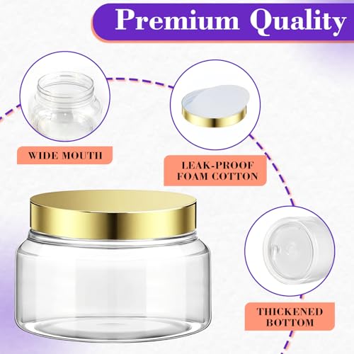 36 Pack 8 oz Plastic Cosmetic Containers With Lids Refillable Clear Empty Travel Jars Containers for Body Butter,Sugar Scrubs,Cream,Lotions,Candy, Waterproof Label&Spatulas - (Gold) - color: Clear-Glod Lid, size: 8 OZ
