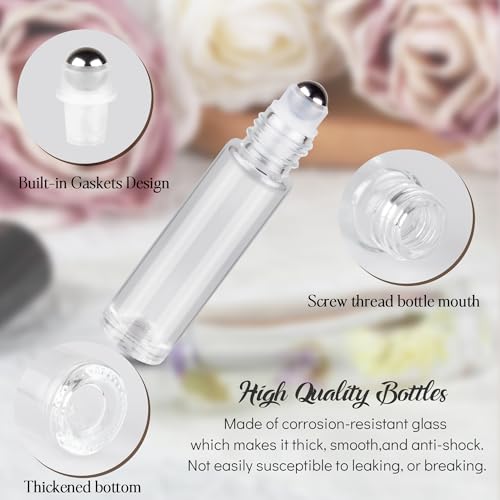 10ml Roller Bottles for Essential Oils, 4 Pack Glass Roll on Bottles, Refillable Perfume Bottle, with Stainless Steel Roller Balls, 2 Droppers, 1 Opener, Labels (Clear) - color: Clear
