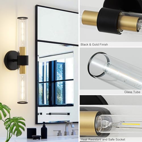 Hardwired Black Gold Vanity Light Clear Glass Wall Sconce | Up & Down Bidirectional Lighting, Damp Rated For Bathrooms, Dimmable, Rustproof Metal, 5-Year Manufacturer Warranty - color: Black Gold-A