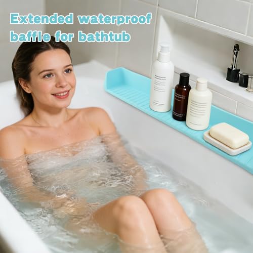 Bathtub Splash Guard, Longer Silicone Splash Guard for Bathtub with 11 Suction Cups, Prevents Water Spills in Bathroom, with Storage Area, 31.5" x 4.53" (Color:Blue)