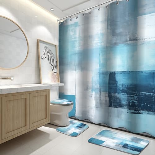Lnond 4Pcs Bathroom Shower Curtain Sets with Rugs,Turquoise White Painting Art Bathroom Sets with Shower Curtain and Rugs and Accessories - color: Turquoise White