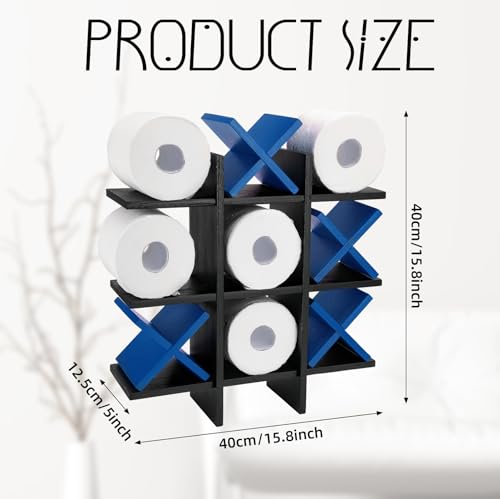 Weysat Tic Tac Toe Toilet Paper Holder Stand Bathroom Wall Decor Rustic Wooden Hanging Storage Freestanding Wall Mounted Shelves Decor for Toilet Tissue Farmhouse - color: Black, Dark Blue