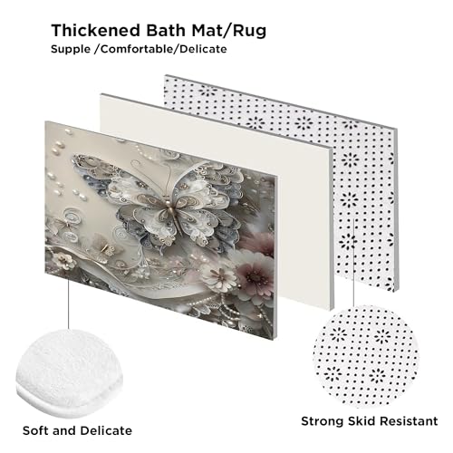 DDQQ 4Pcs Shower Curtain Sets, Gray Butterfly Bathroom Curtains Shower Set, Bathroom Decor Sets, Shower Curtain for Bathroom with Rugs, Toilet Lid Cover, Bath Mat and 12 Hooks, 71 x 71 Inches - color: Grey