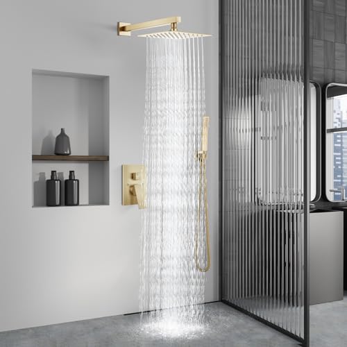 Aolemi Shower Faucet Set Rain Shower System with Handheld Spray Bathroom Shower Combo Rough-in Valve and Shower Trim Kit Included Brushed Gold 8 Inch Wall Mount Shower Head - color: Brushed Gold, size: 8 Inch Wall Mount Shower Head