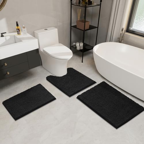 LINLA 3 Pieces Bathroom Rug Set, Absorbent Non Slip Chenille Bath mat, Thick Plush Chenille Carpet Mats Set,Washable Dry Quickly with U-Shaped Toilet Mat for Tub, Shower（Black） - color: Black