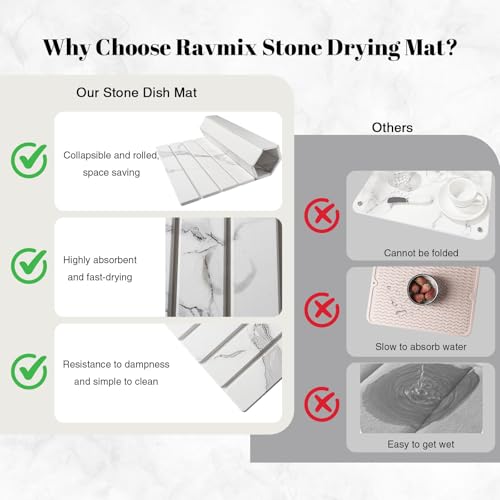 3PCS Set Large Stone Drying Mat for Kitchen Counter Foldable Collapsible Fast Drying Stone Dish Mat Water Absorbing Natural Diatomaceous Earth Bath Mat Quick Dry Stone Tray Bathroom Countertop, Marble - color: Marble White