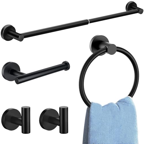 MGahyi 5-Piece Bathroom Accessories Set, Rustproof Stainless Steel Wall Mounted, Extendable Towel Bar 12.8-24.8 Inch, Toilet Paper Holder, Towel Ring & Robe Hooks, Heavy Duty Bath Storage (Black)