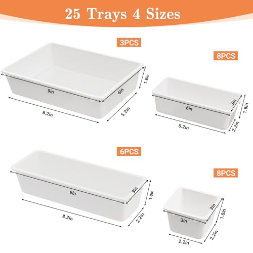 SpaceHacks 25 PCS Plastic Drawer Organizer Set, 4-Size Versatile Organizer Trays & storage Bins for Makeup, Jewelry, and Gadgets in Bathroom, Bedroom and Office, White - color: White